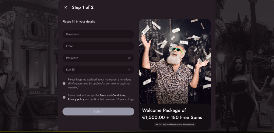 Step-by-step registration process at Mr Fortune review including account setup and currency selection