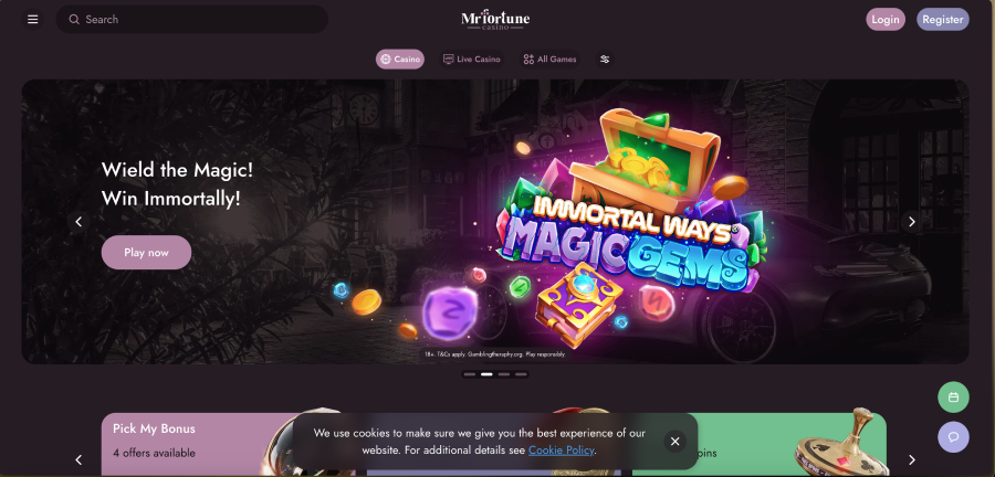 Mr Fortune casino welcome bonus package showing C$1,500 and 180 free spins for Canadian players